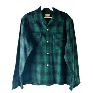 VTG 1940s Ensenada Sportswear Wool Plaid Button Front Shirt Green